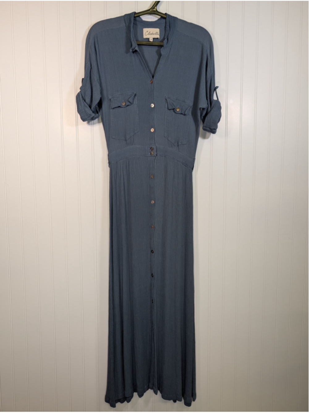 Cleobella Crinkle Rayon Button Front Maxi Shirt Dress Slate Blue Utility XS